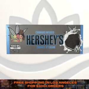 "Hershey's Cookies & Cream Cannabis-Infused Chocolate Bar with 1000mg THC, featuring creamy white chocolate and crunchy cookie bits, segmented for precise dosing."