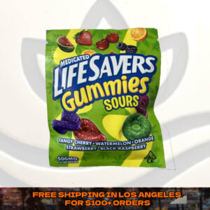 Lifesavers 600MG THC Gummies featuring assorted fruit flavors in classic candy-ring shape, cannabis-infused edibles in colorful packaging.