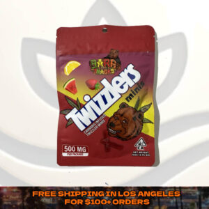 Twizzlers Tangy THC Gummies with 500mg total potency, infused sour fruit edibles in candy-style packaging, colorful and chewy cannabis treat.